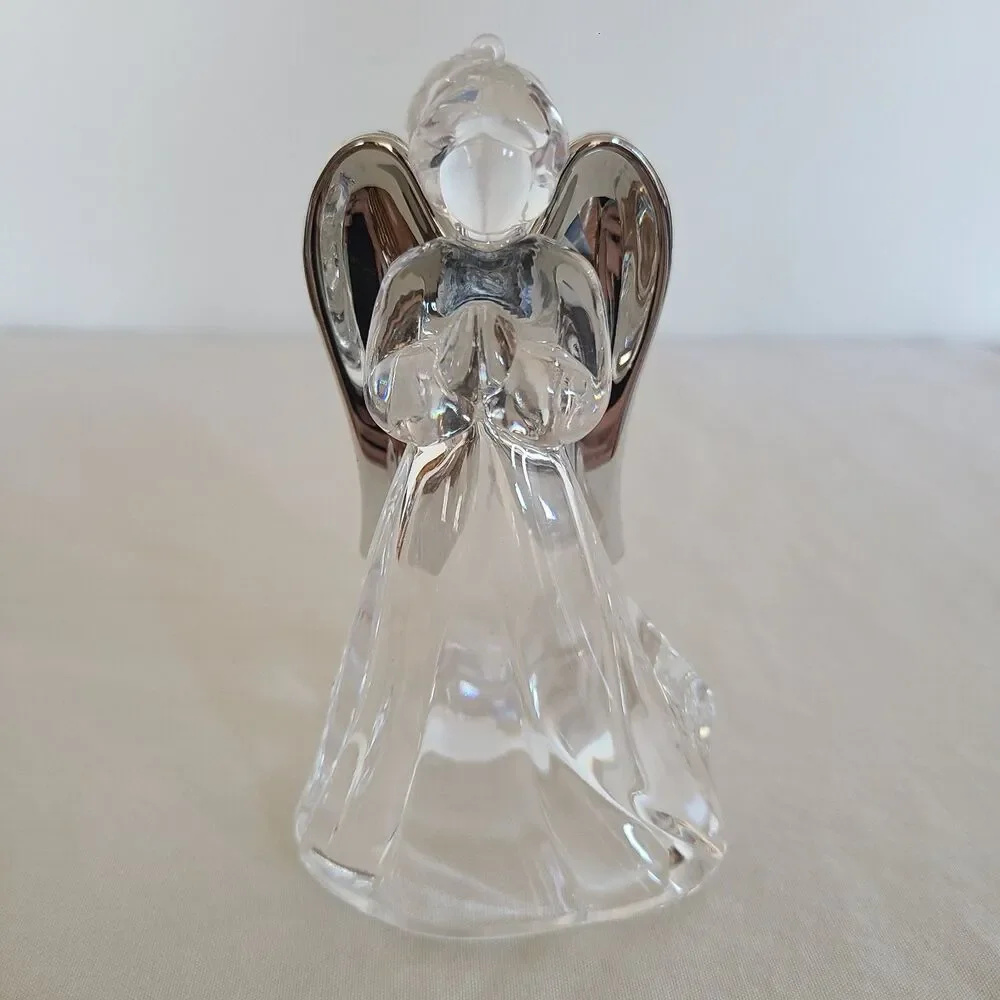 Vintage Clear Acrylic Praying Angel Ornament Silver Toned Wings Holiday Decor
